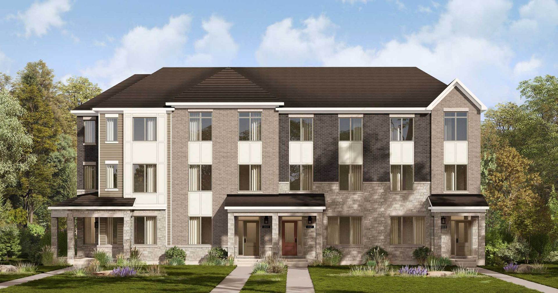 An artist 's impression of a row of houses sitting next to each other on a lush green lawn.