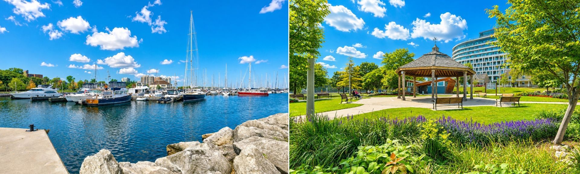 Exterior photo showcasing the boats, water, and nature at Bronte Harbour.