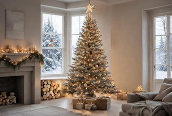 A living room decorated for christmas with a christmas tree and a fireplace.