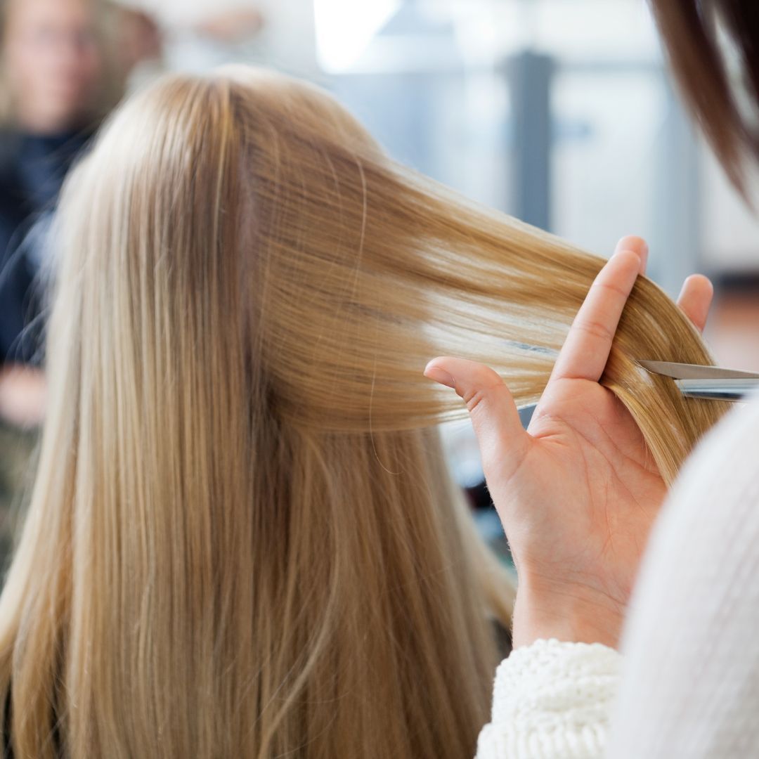 A woman is getting her hair cut by a hairdresser