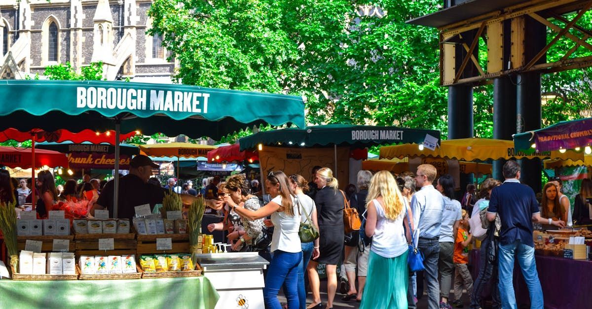 A group of people are standing in front of a borough market.