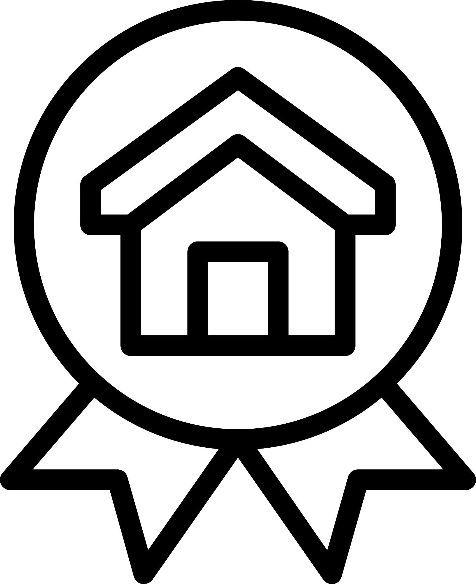 A black and white icon of a house with a ribbon around it.