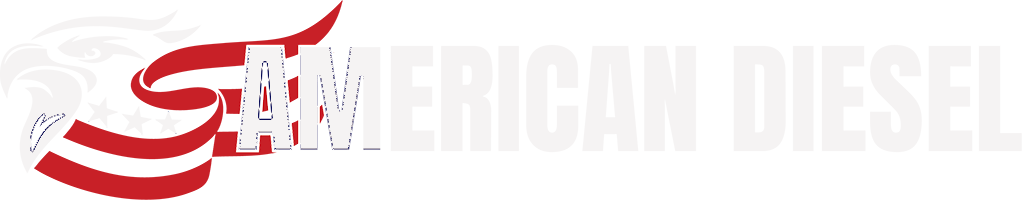 A red and white logo for american diesel with an american flag on a white background.