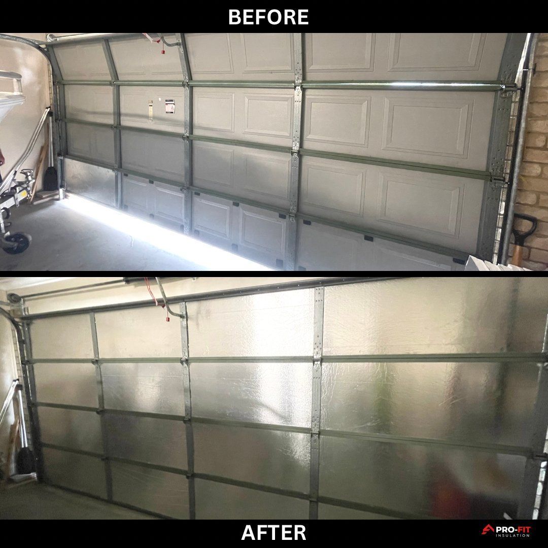 Garage door: Before and after, showing added insulation. Gray panels with silver frame.