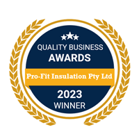 Quality Business Awards badge for Pro-Fit Insulation Pty Ltd, 2023 Winner. Blue and gold circular design.