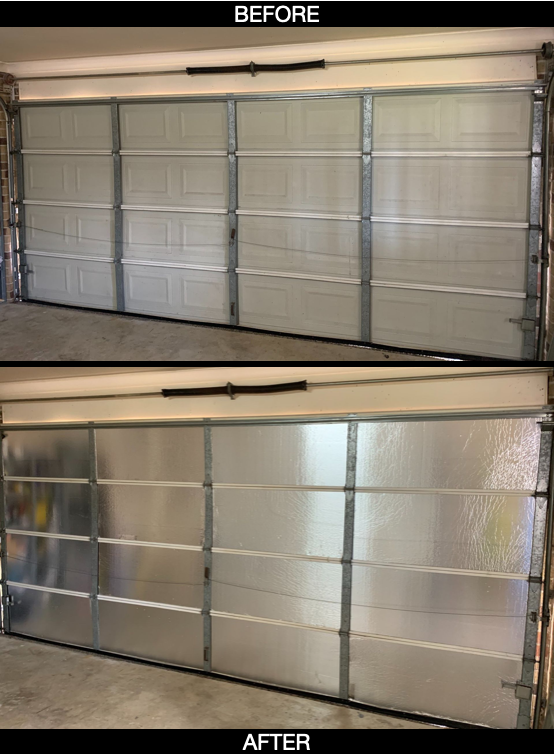 Comparison of garage door before and after insulation installation.