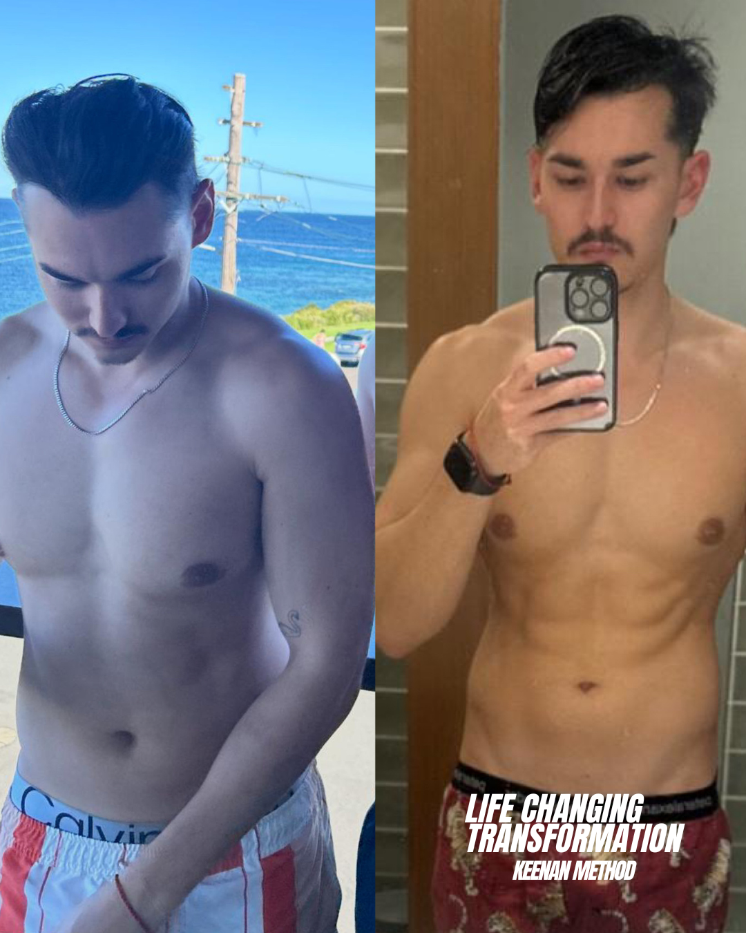 Two pictures of a man before and after losing weight with the words 30 days below him