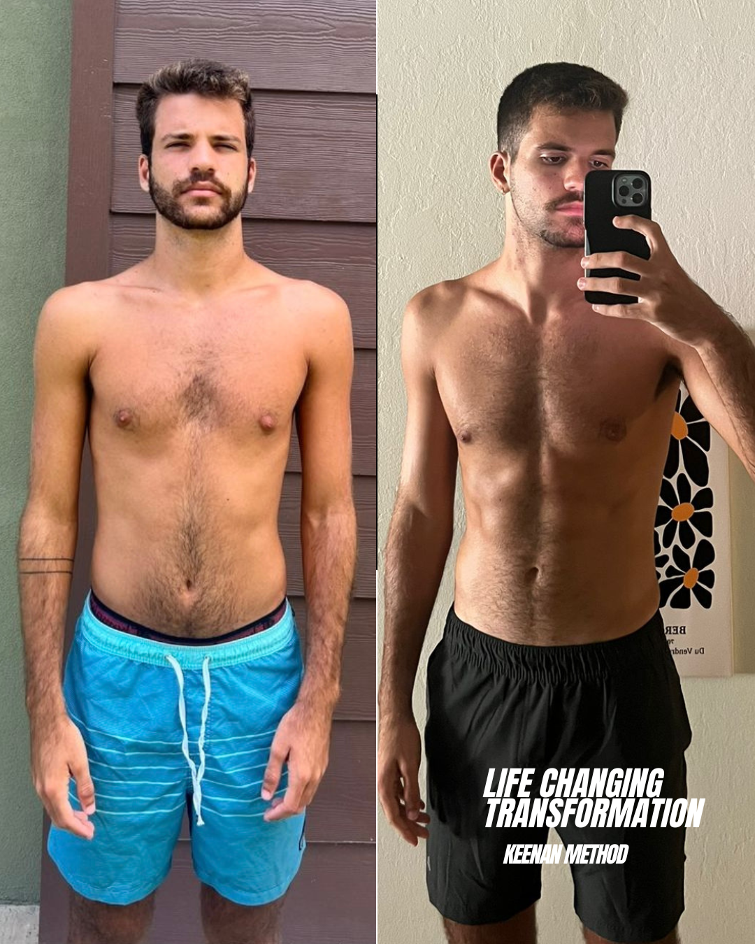 Two pictures of a man before and after losing weight with the words 90 days later on the bottom