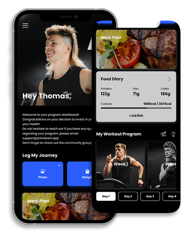 A couple of cell phones with a custom workout and meal app on the screen.