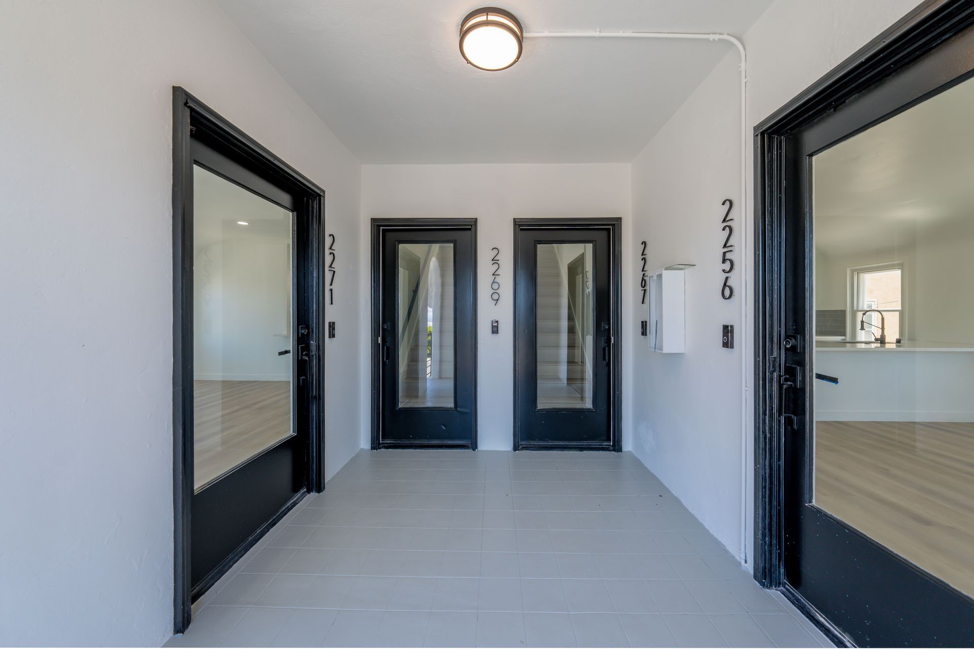 A hallway with two black doors and a light on the ceiling.