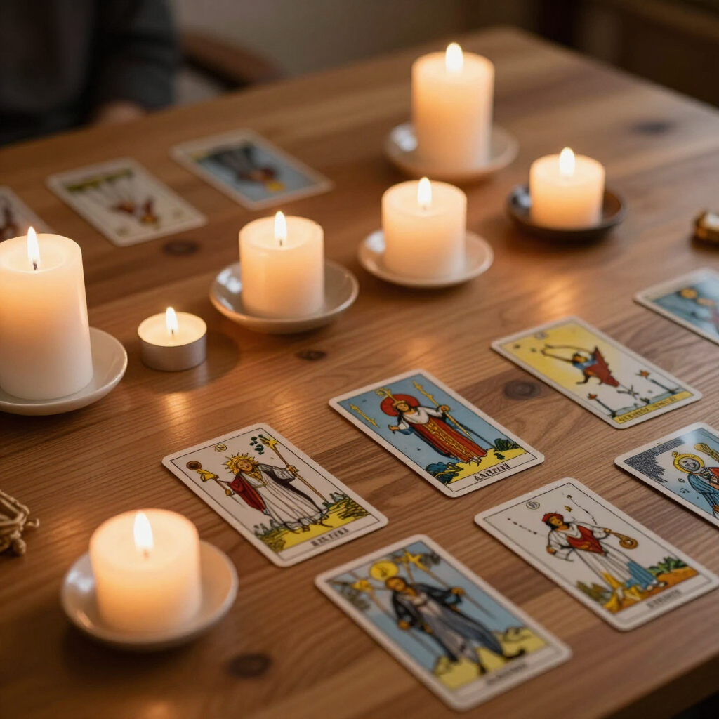 Cartas del tarot extendidas sobre una mesa de madera con velas encendidas en un ambiente cálido y tenue.
