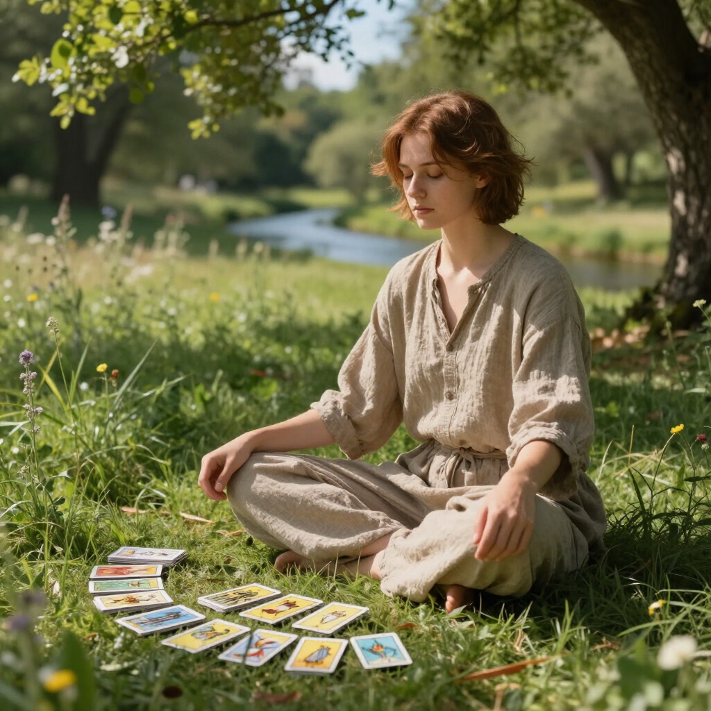 Una persona sentada con las piernas cruzadas sobre la hierba junto a unas cartas del tarot extendidas en un parque soleado.