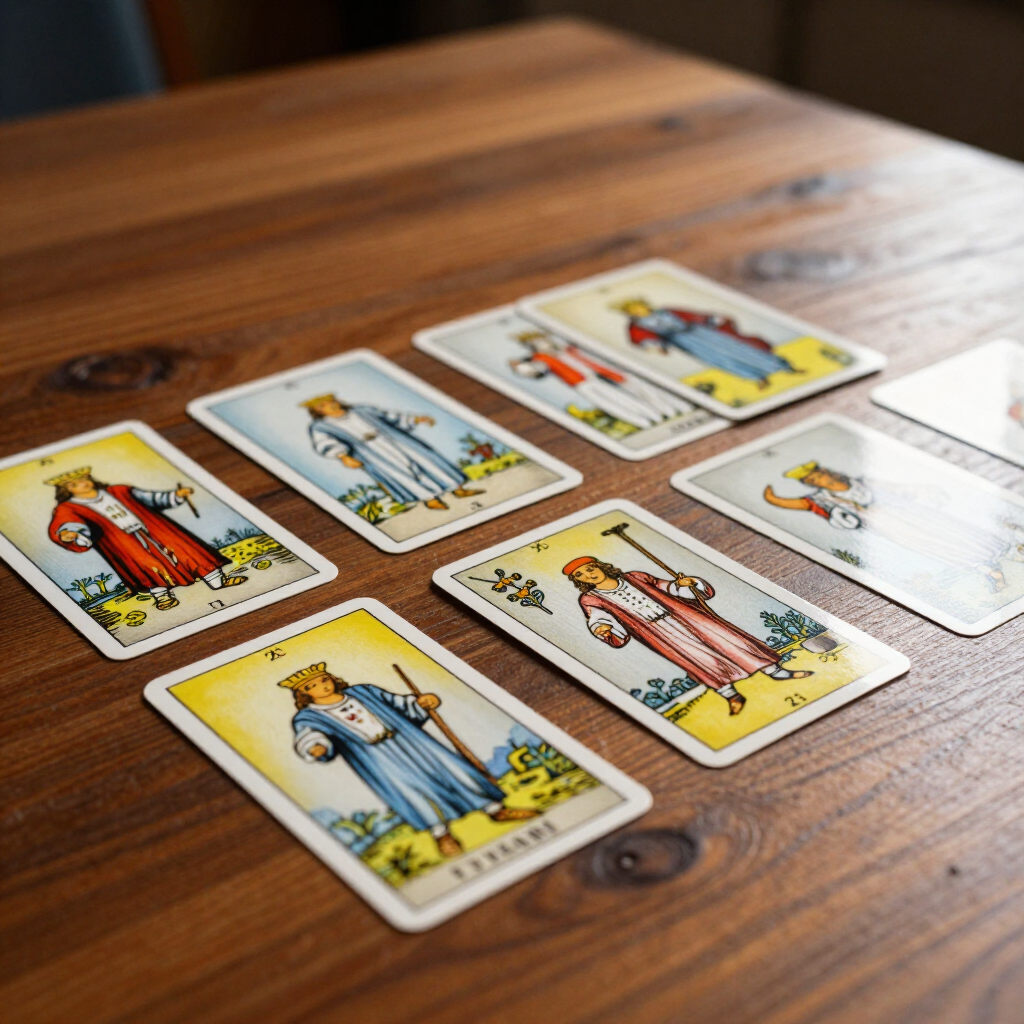Varias cartas del tarot dispuestas sobre una mesa de madera, incluyendo figuras con túnicas coloridas.
