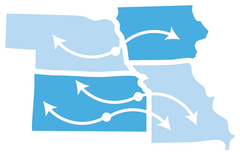 Map of four Midwest states with curved arrows indicating movement between them.