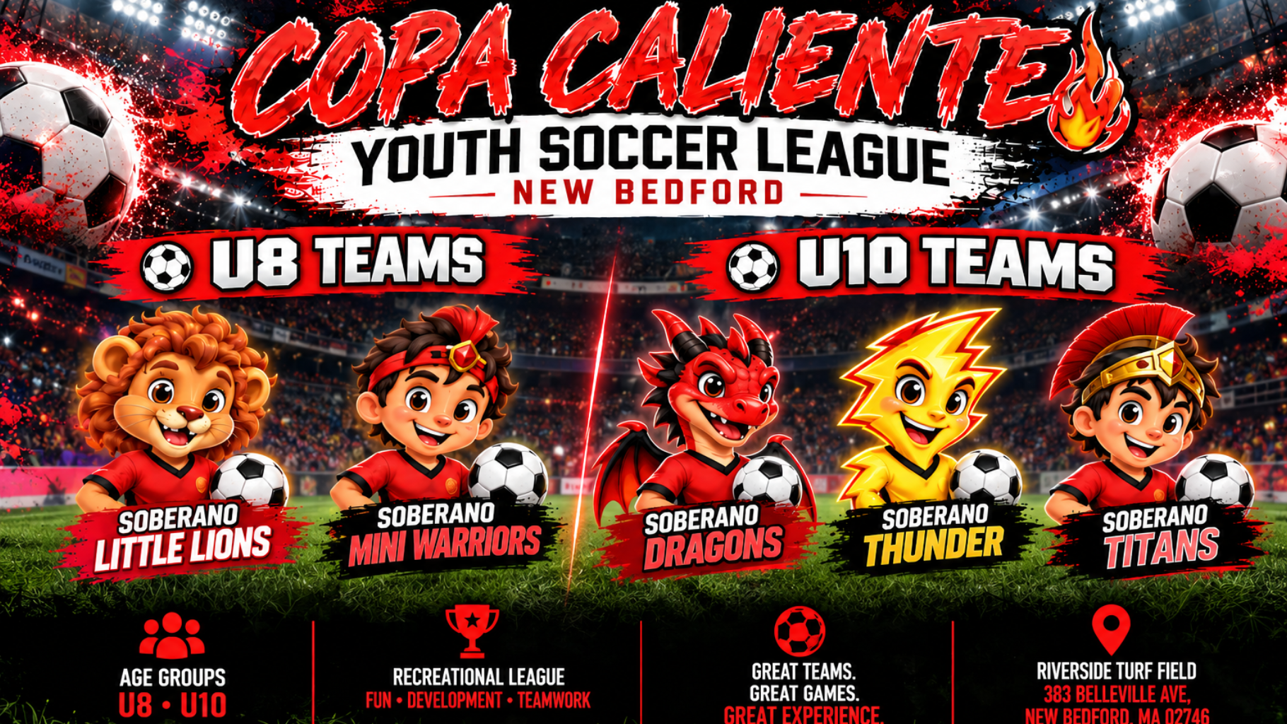 Copa Caliente youth soccer league flyer with cartoon players, red-and-black theme, and team age divisions.