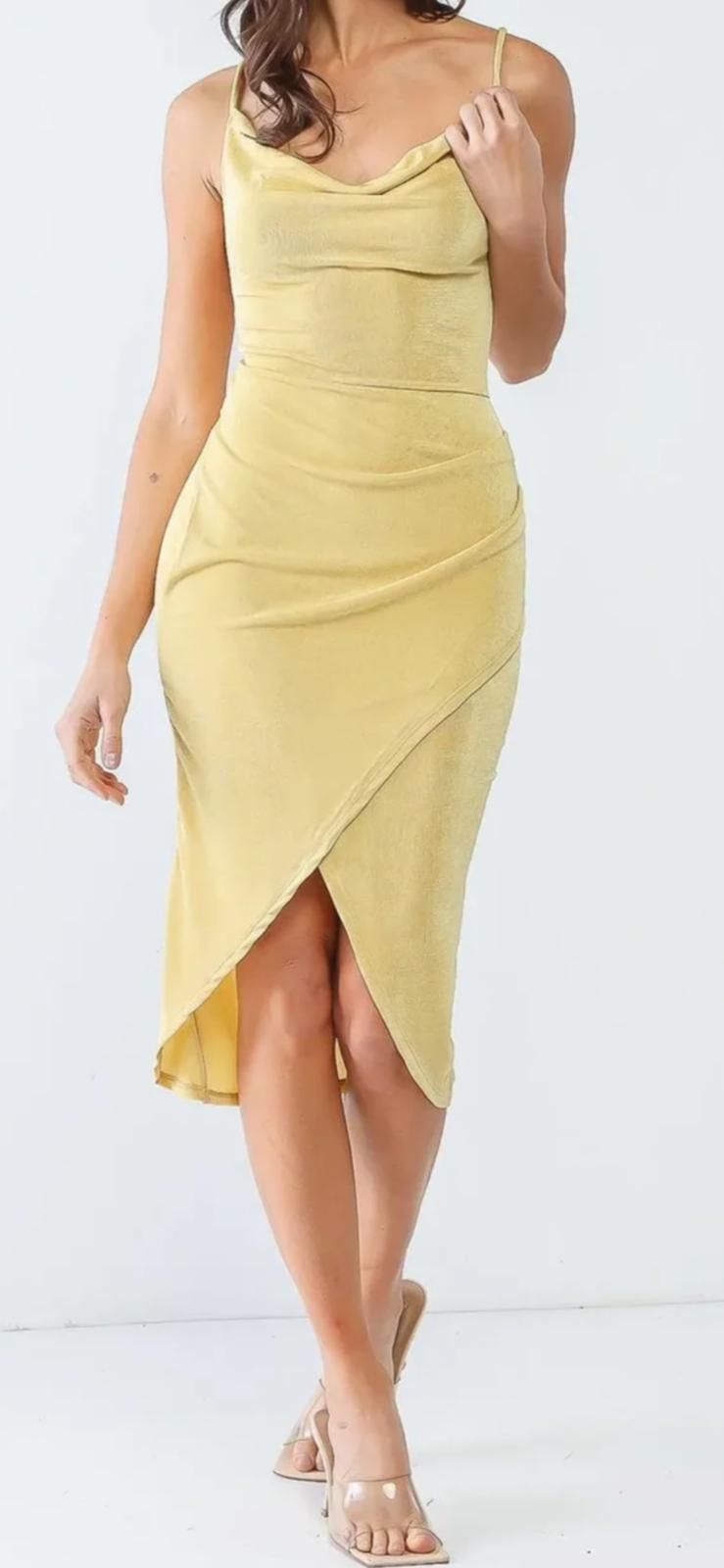 Cowl neck strappy wrap split hemline midi dress