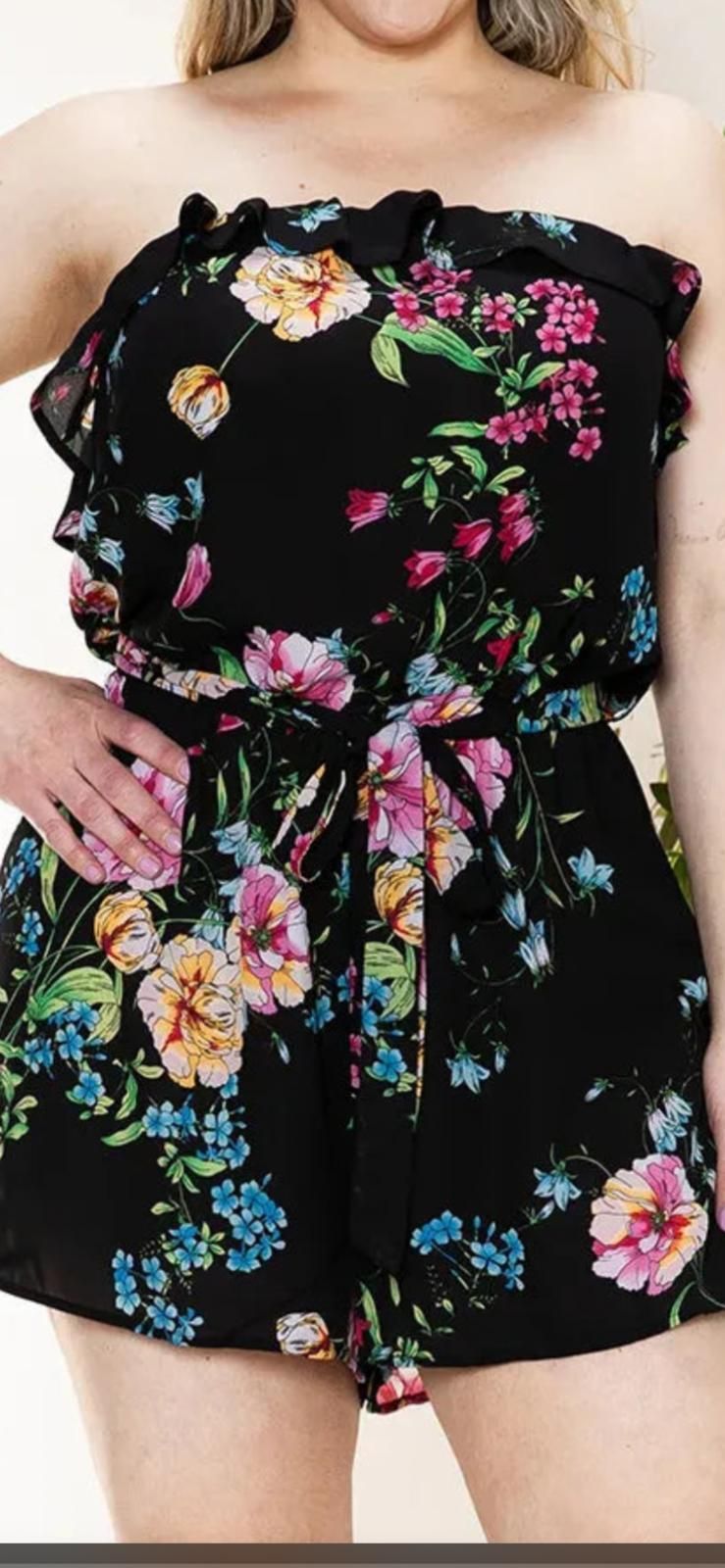 Junior plus size floral strapless ruffle tube top belted romper