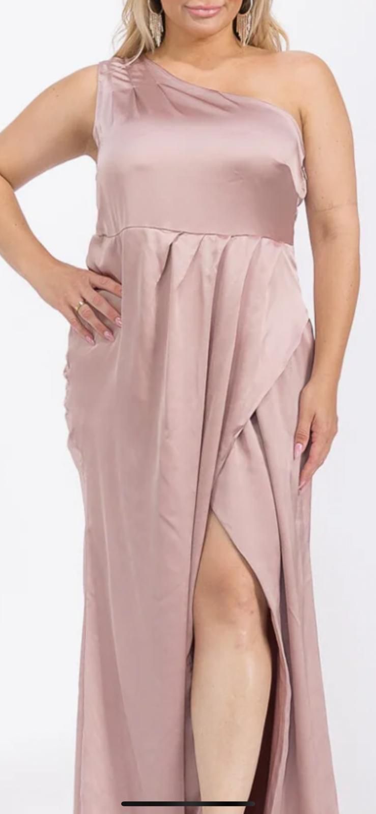 PLus size sleeveless one shoulder surplice front slit maxi gown dress-blush