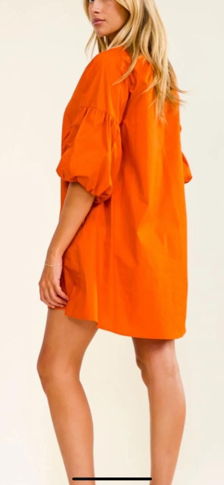 Women's short puff sleeve neck front pockets tunic loose fit mini dress orange rust