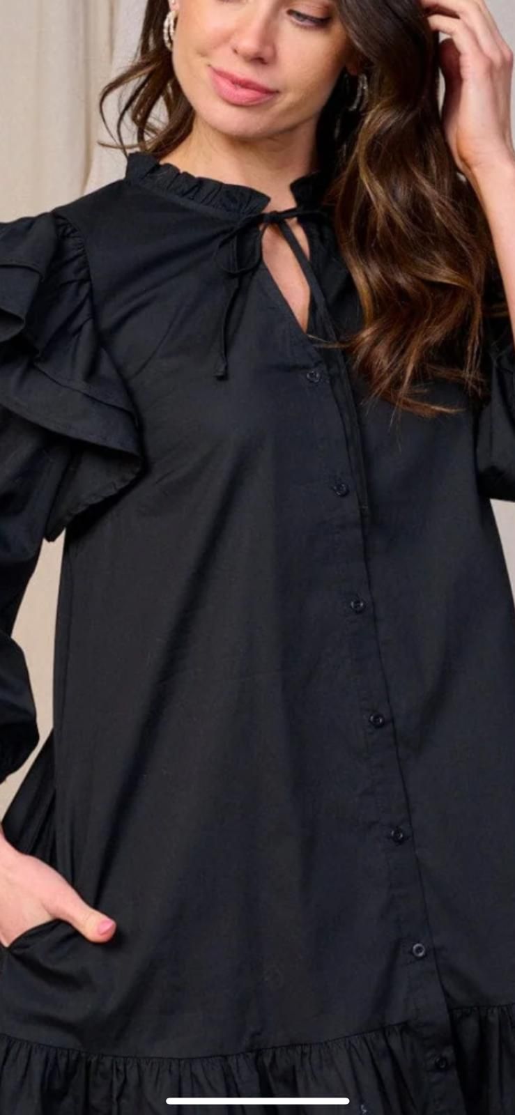 Women's sleeveless v neck button closure pocket ruffle mini dress black