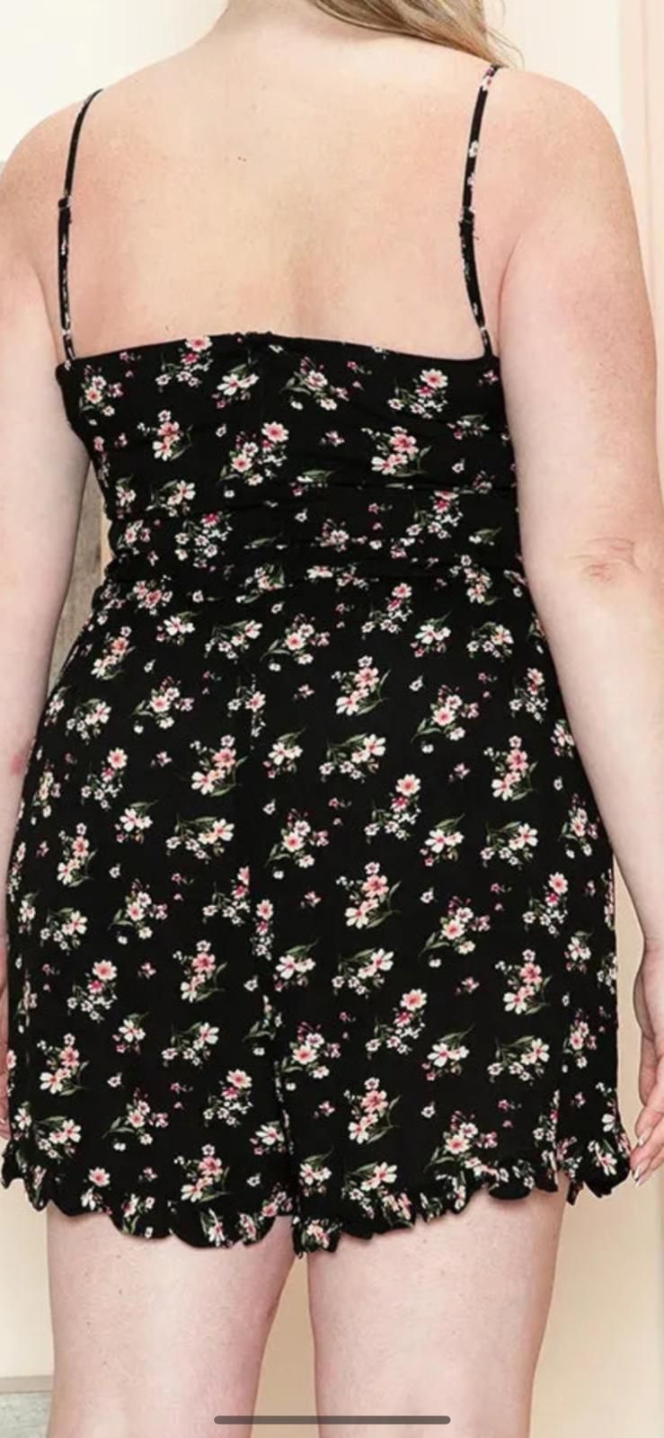 Junior plus size black floral spaghetti stap ruffle hem tie waist romper