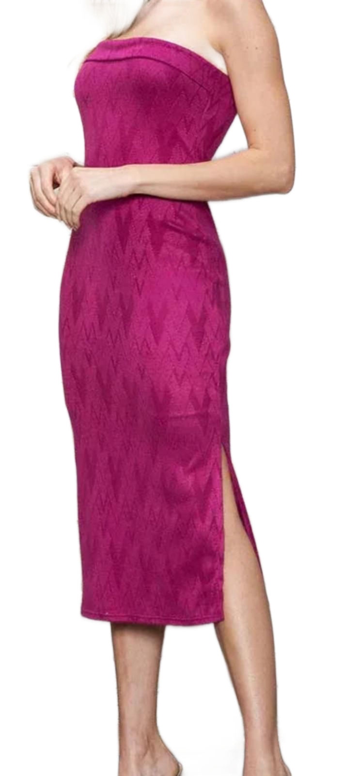 Chevron pattern strapless side slit bodycon midi dress
