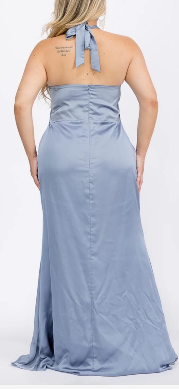 Plus size sleeveless halter neck front slit open  back maxi gown dress-Ice blue