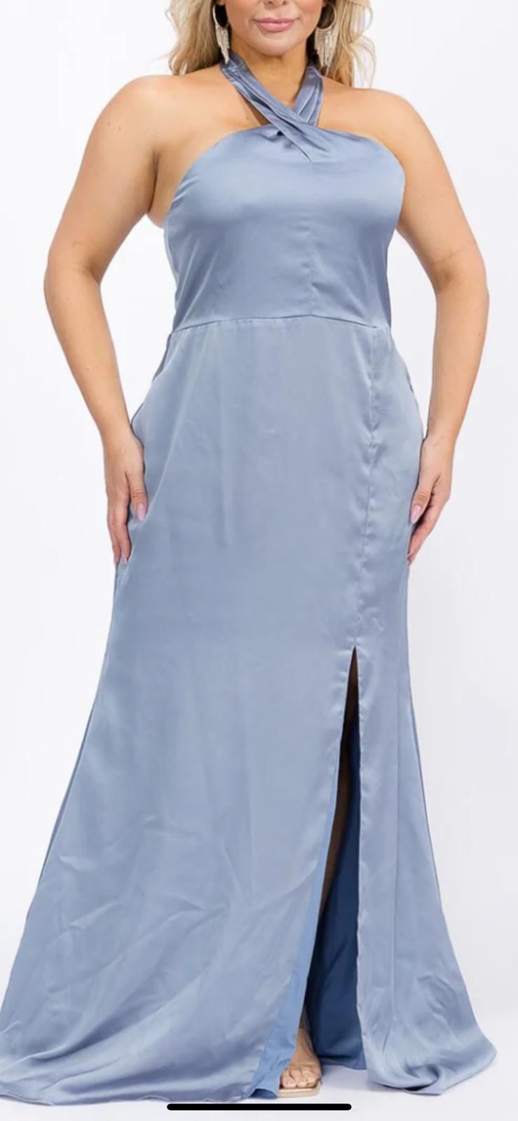Plus size sleeveless halter neck front slit open  back maxi gown dress-Ice blue