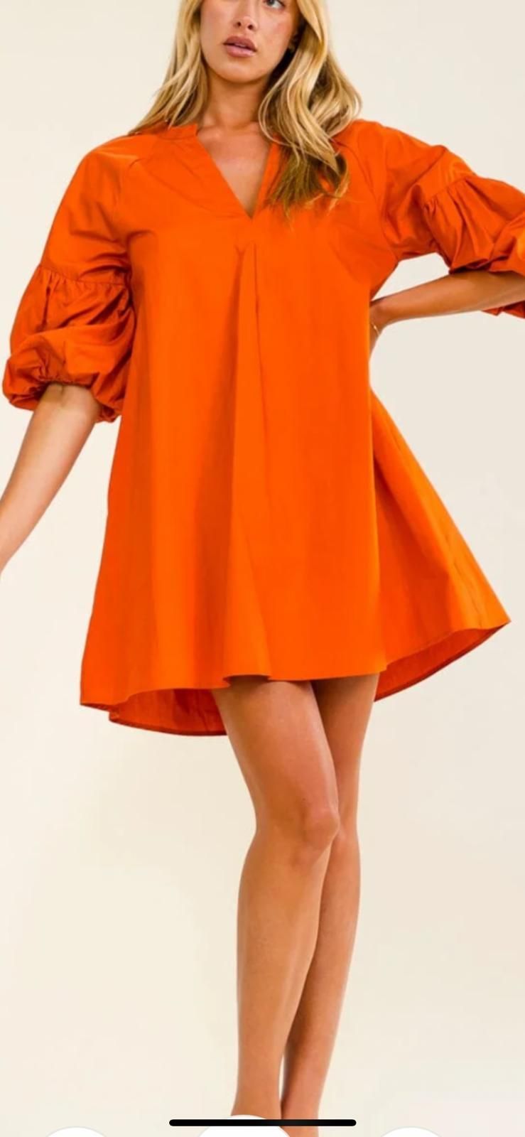 Women's short puff sleeve neck front pockets tunic loose fit mini dress orange rust