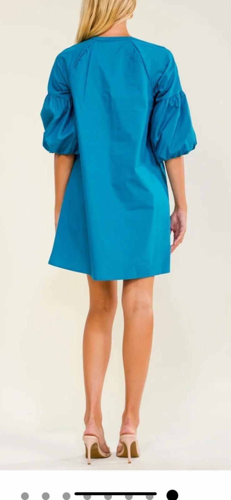 women's short puff sleeve v neck front pockets tunic loose fit mini dress teal blue