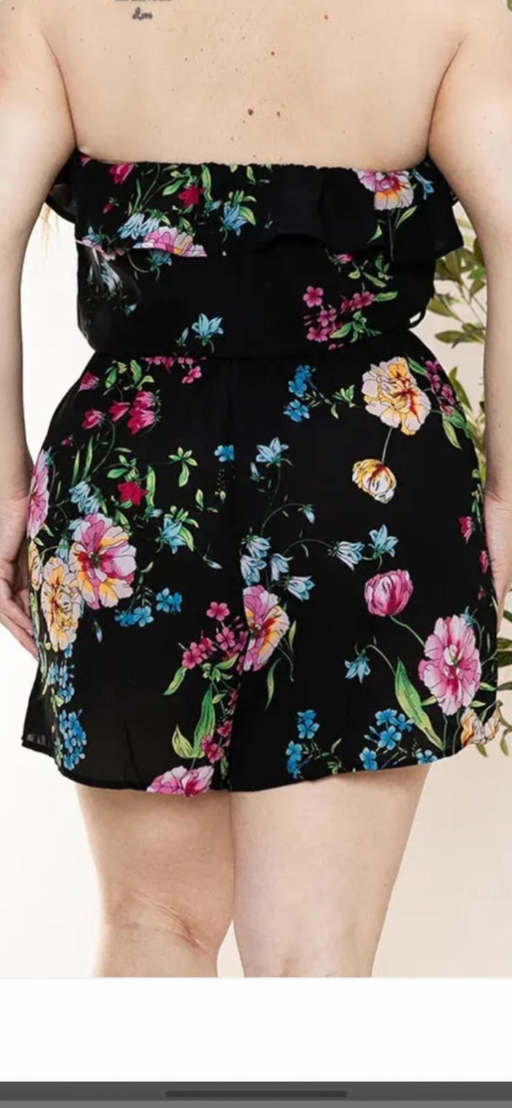 Junior plus size floral strapless ruffle tube top belted romper