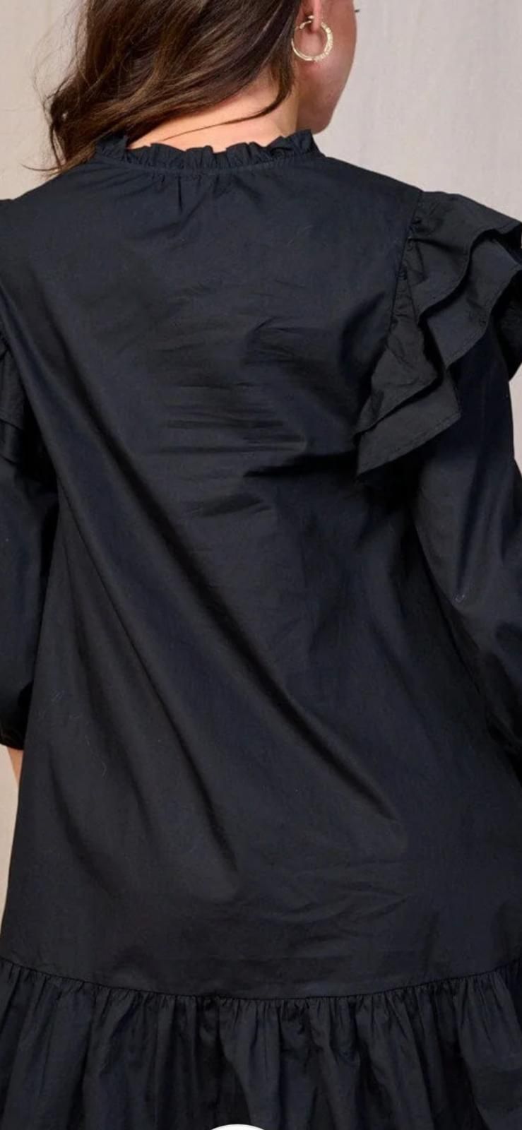 Women's sleeveless v neck button closure pocket ruffle mini dress black