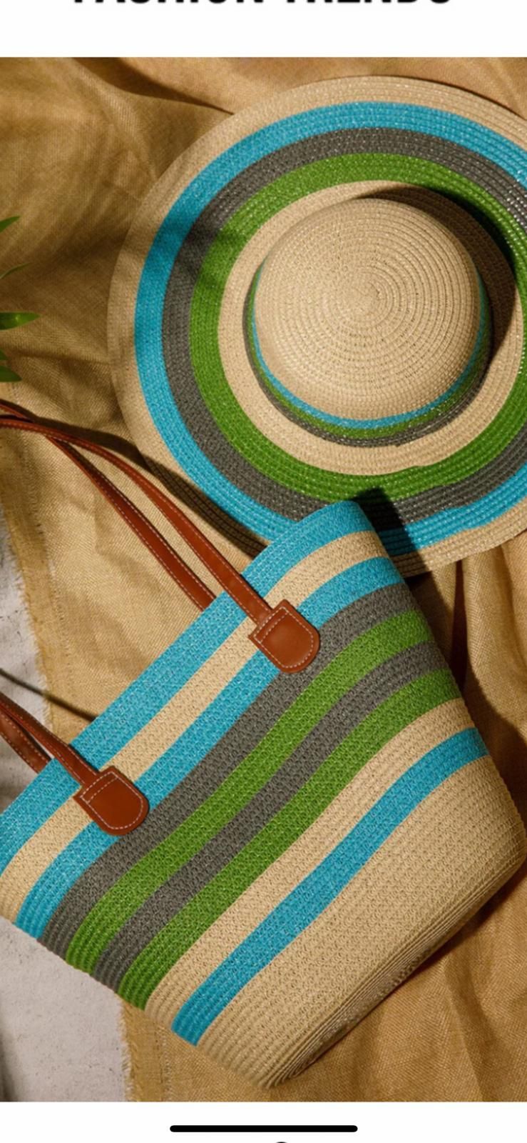 Women's straw sun hat with matching woven colorblock tote bag blue