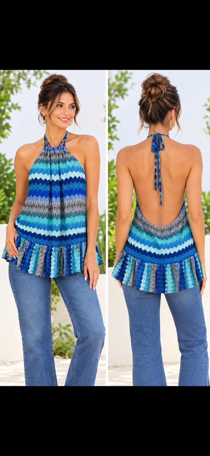 chevron wave halter top turquoise teal blue