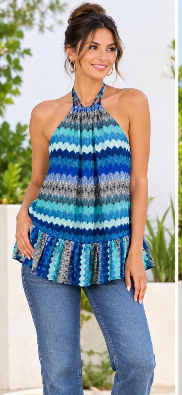 chevron wave halter top turquoise teal blue