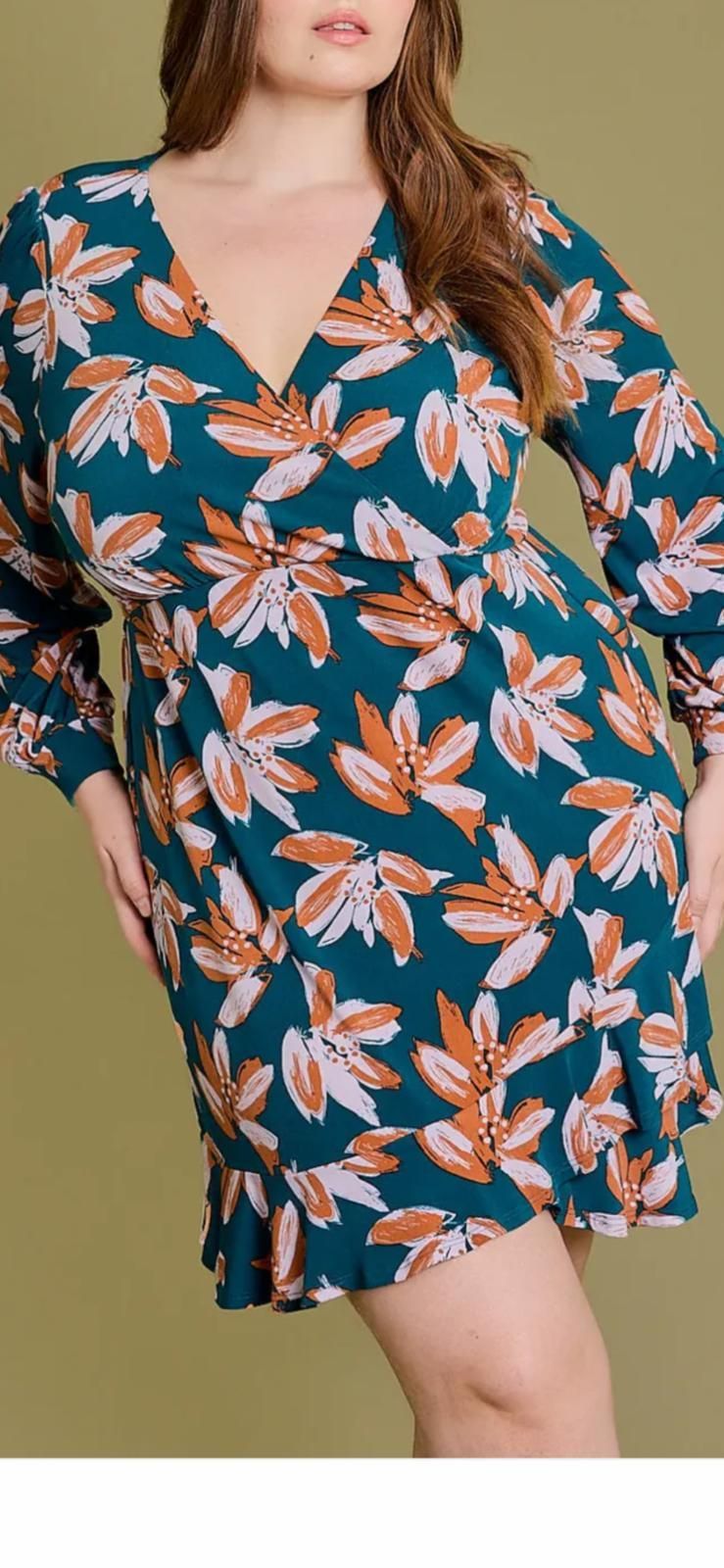 Plus size wrap floral long sleeve surplice mini dress