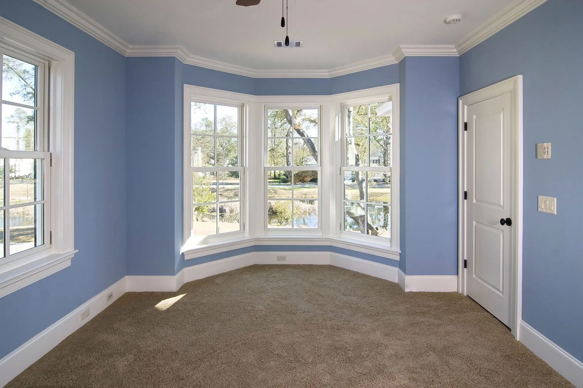 Empty room with blue walls, bay windows, white trim, and beige carpet.