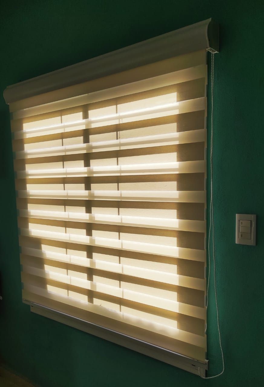 Persianas beige cerradas sobre una pared verde por donde se filtra la luz del sol.