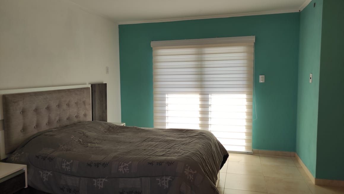 Dormitorio con cama gris, paredes blancas, pared decorativa de color verde azulado y ventana 