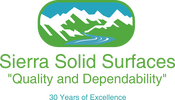 Sierra Solid Surfaces logo with green mountains, blue water, and the slogan “Quality and Dependability”