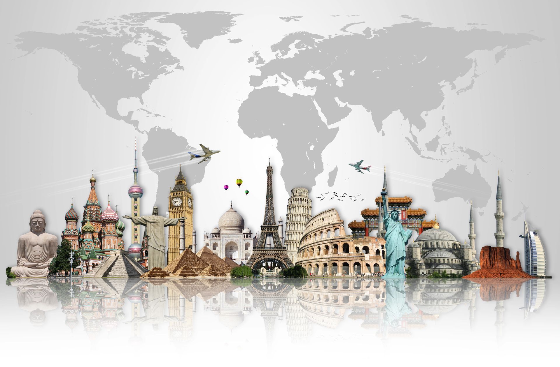 A collage of famous landmarks around the world with a map of the world in the background.