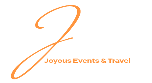 The logo for joyous events and travel is orange and white
