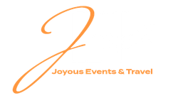 The logo for joyous events and travel is orange and white