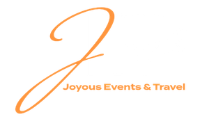 The logo for joyous events and travel is orange and white