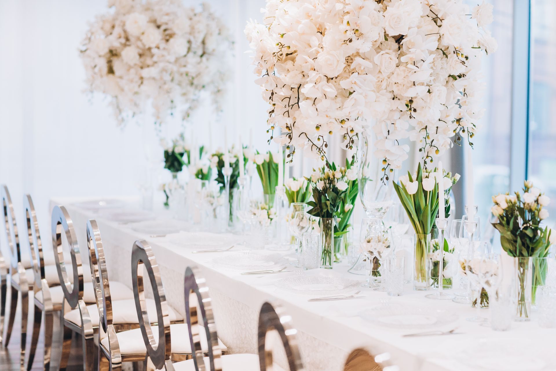 There are many vases of flowers on the table.