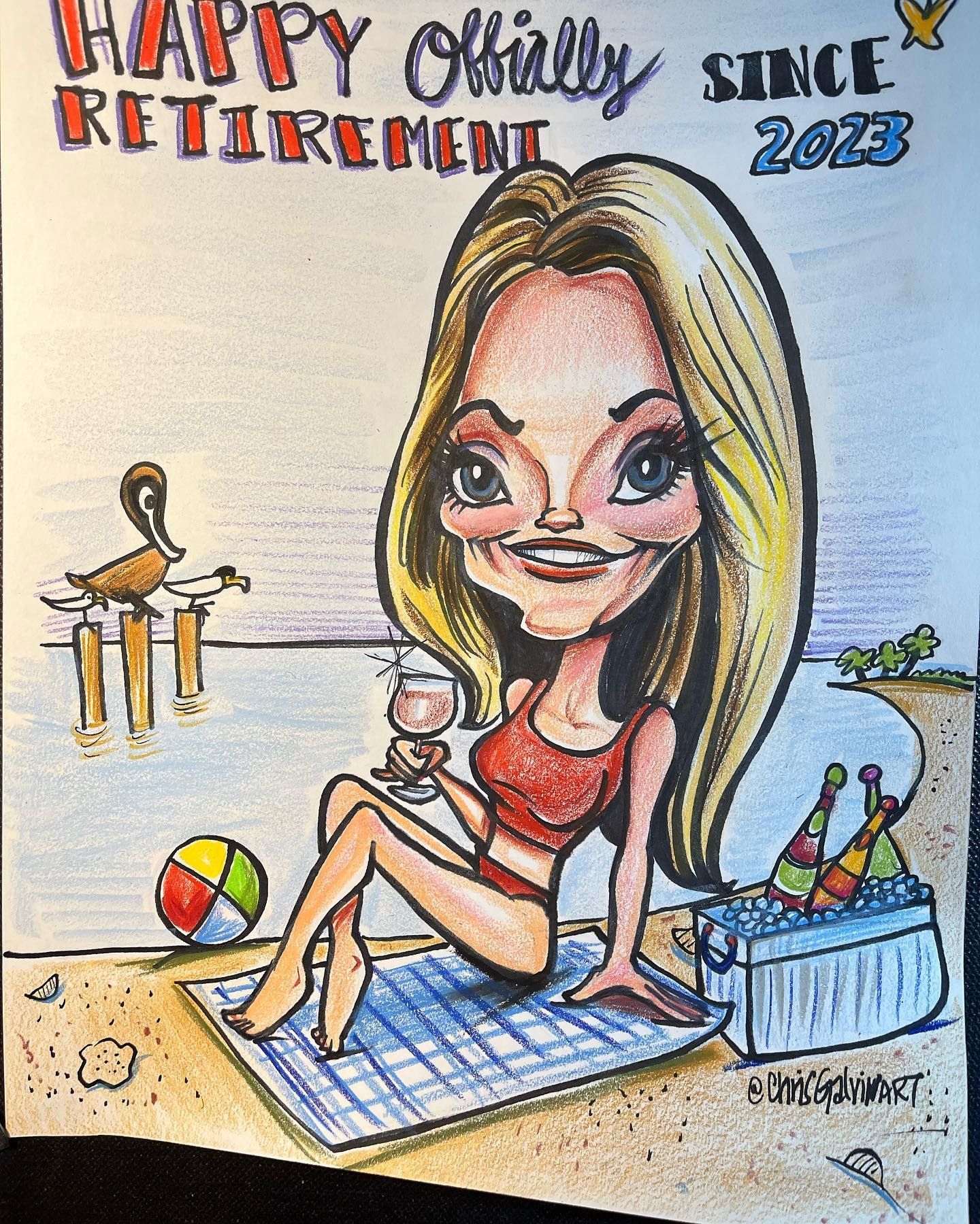 Cartoon of a blonde woman in red swimsuit relaxing on a beach with “Happy … since retirement 2023” text.