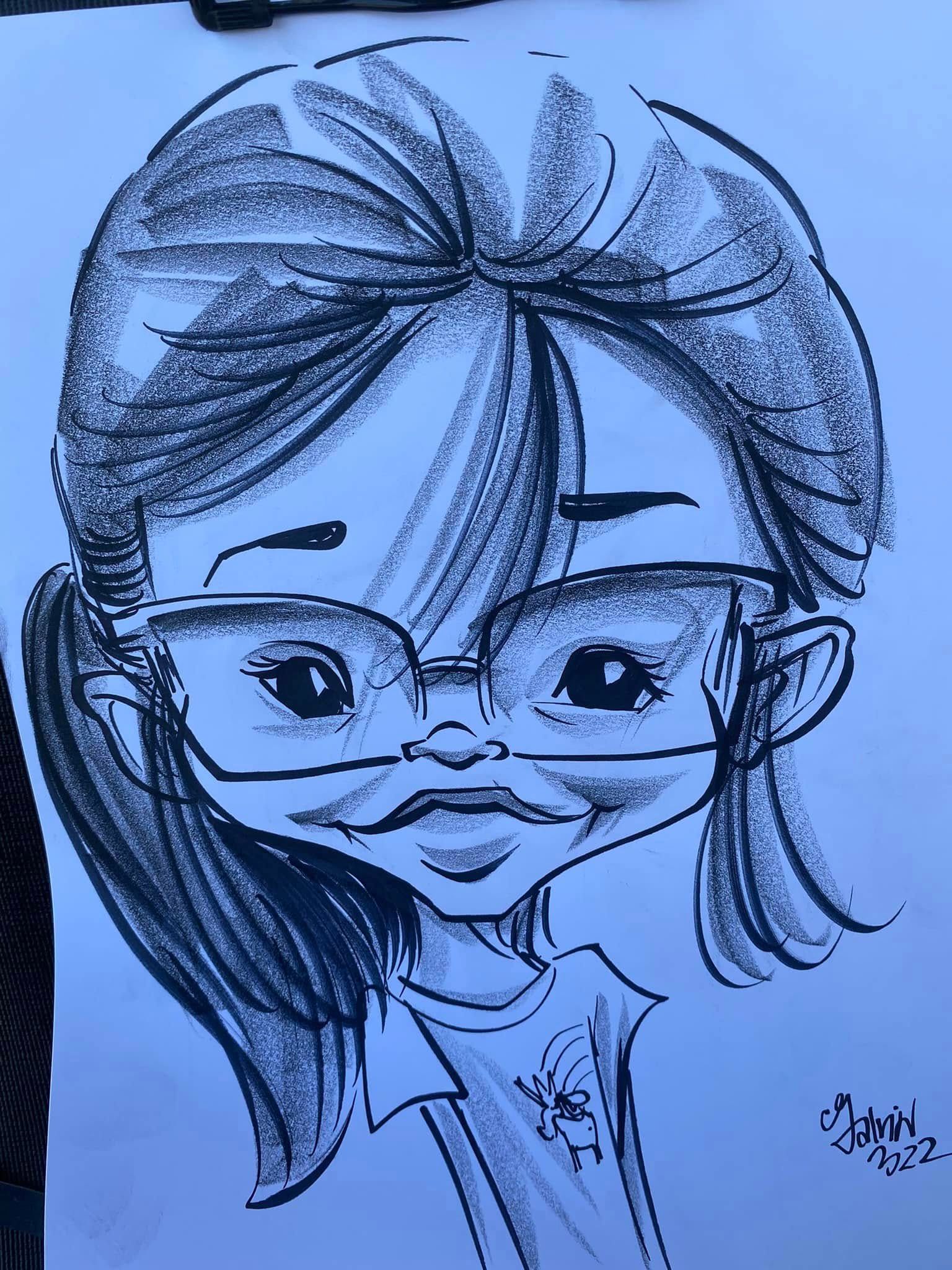 Sketch of a smiling person with glasses, side-swept hair, and a hoodie on a light blue background