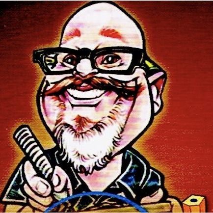 Cartoon caricature of a smiling bald man with glasses, white beard, and raised finger on a red background