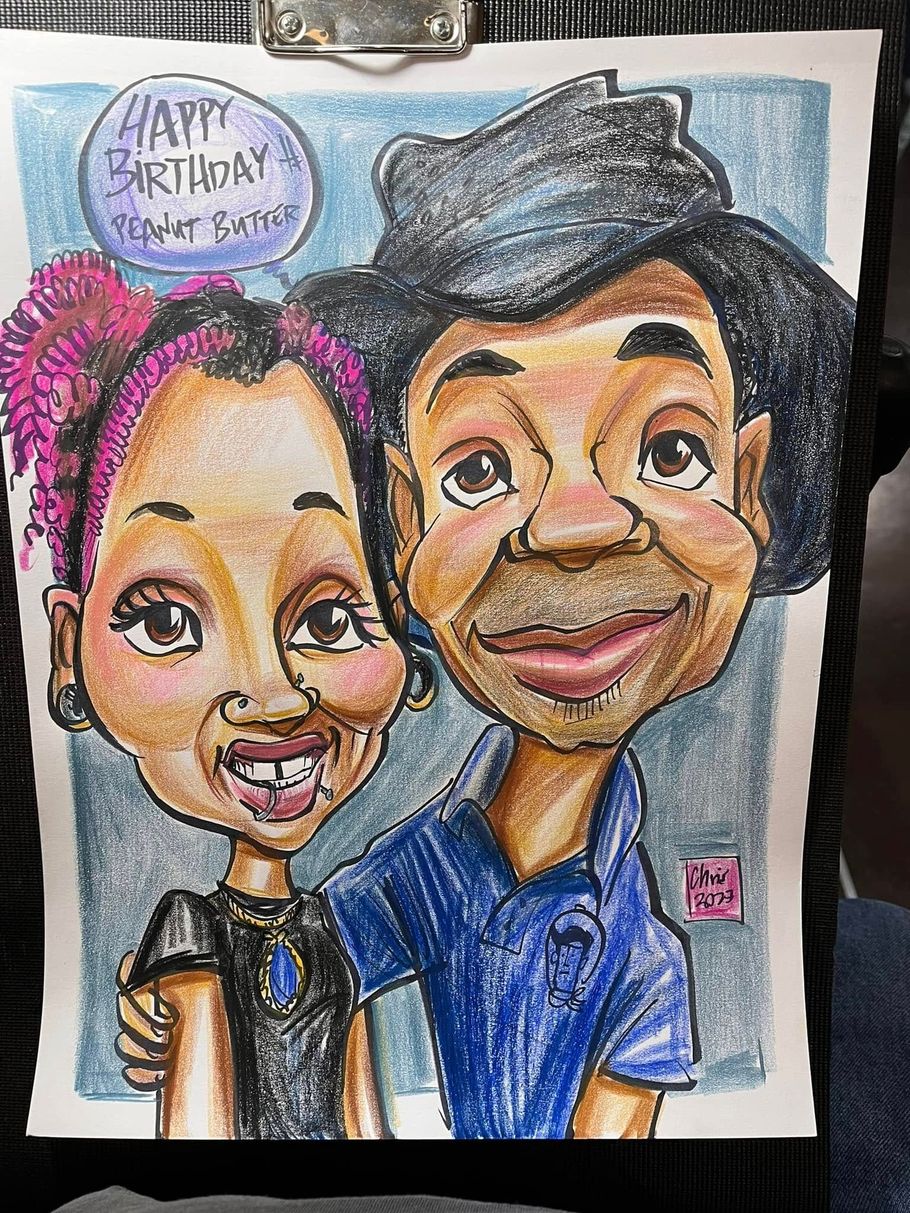 Caricature of two smiling people holding cups, with a speech bubble that says “Happy Seniors Day.”