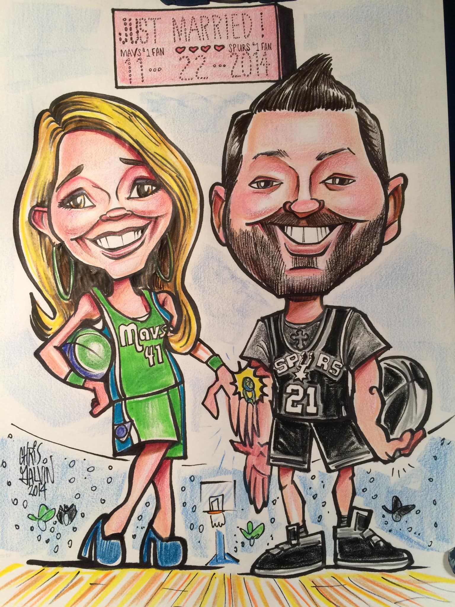 Cartoon caricature of two smiling basketball players in green and black uniforms standing side by side.